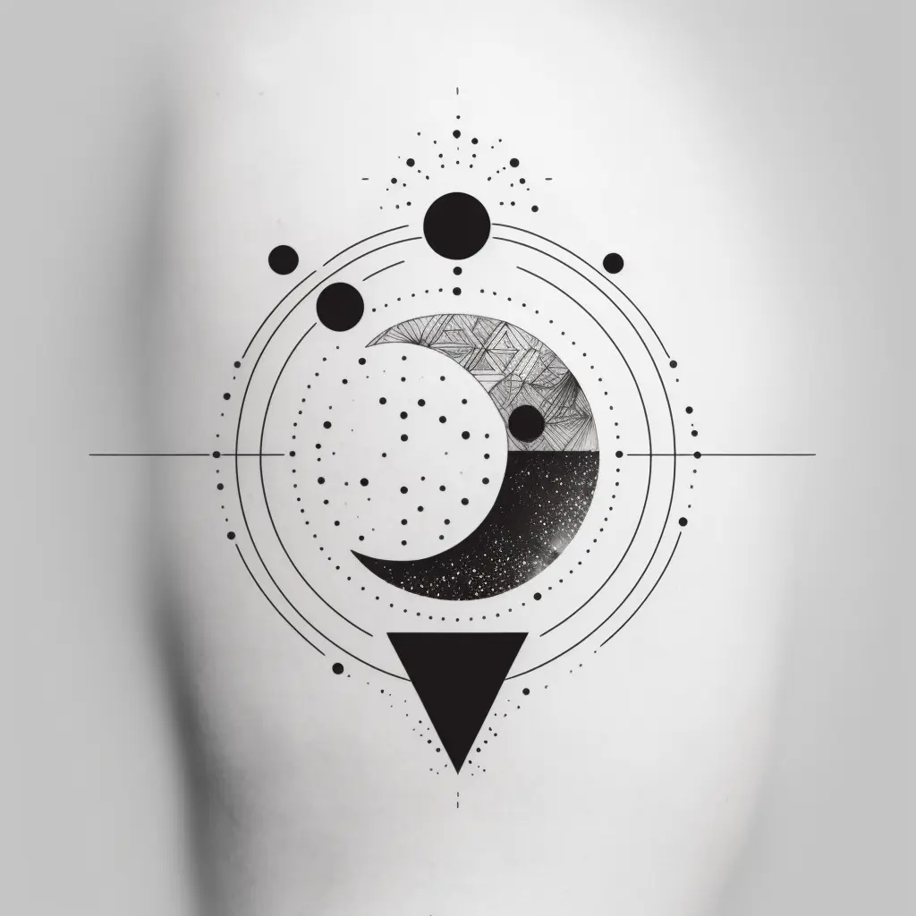 minimal tattoo, symmetrical, line, dots, square, triangle, circle, black and white, white background 